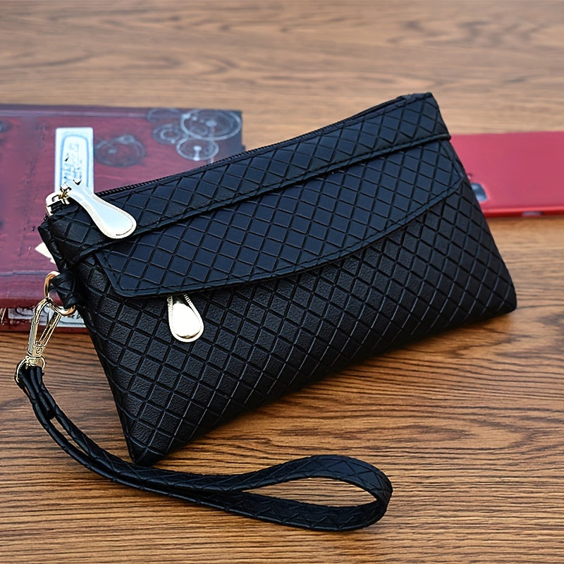 Women's Argyle Quilted Clutch with Multiple Zippers, Wristlet Bag for Phone and Coin