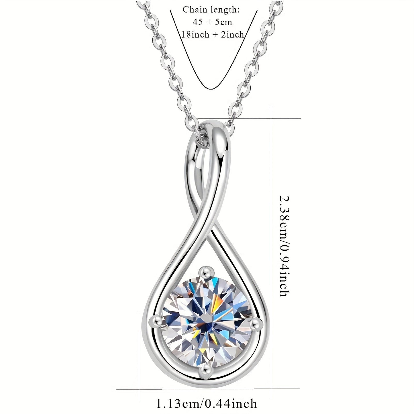 Elegant 14K Gold Plated 925 Sterling Silver Moissanite Pendant Necklace featuring a 8mm D Color Infinity Theme Synthetic Stone. This simple vacation style jewelry has a total weight of 2 carats and comes with a 20-inch chain. Perfect for weddings