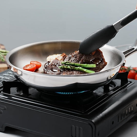 Set of stainless steel skillets that are non-stick, oven-safe, and induction compatible. Features stainless handles and suitable for all stovetops. Hand wash recommended.