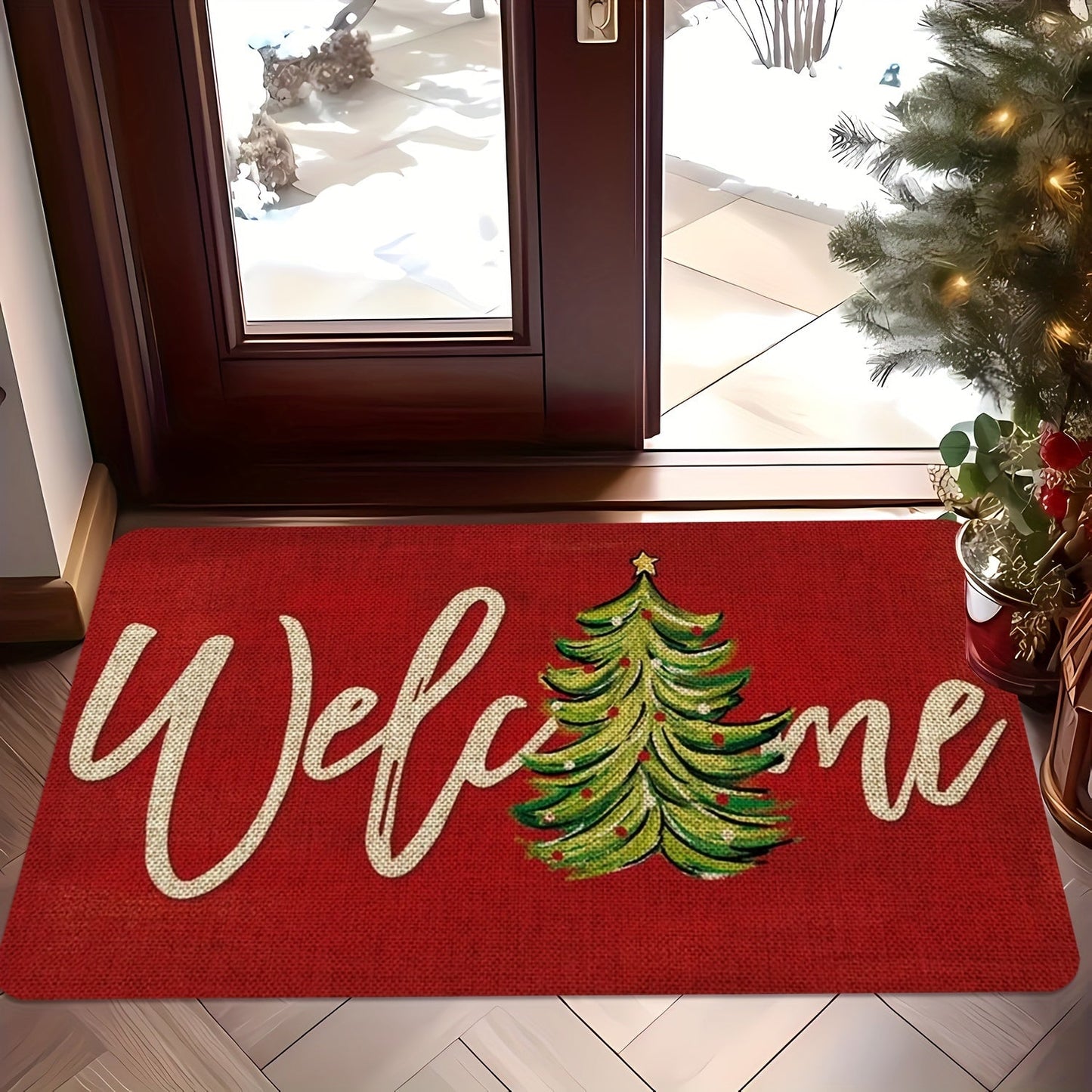 Get into the holiday spirit with our Christmas-themed doormat! Made from red polyester knit fabric, this machine-washable mat is non-slip, stain-resistant, and features medium pile with floral and striped patterns. It is quick-drying, waterproof