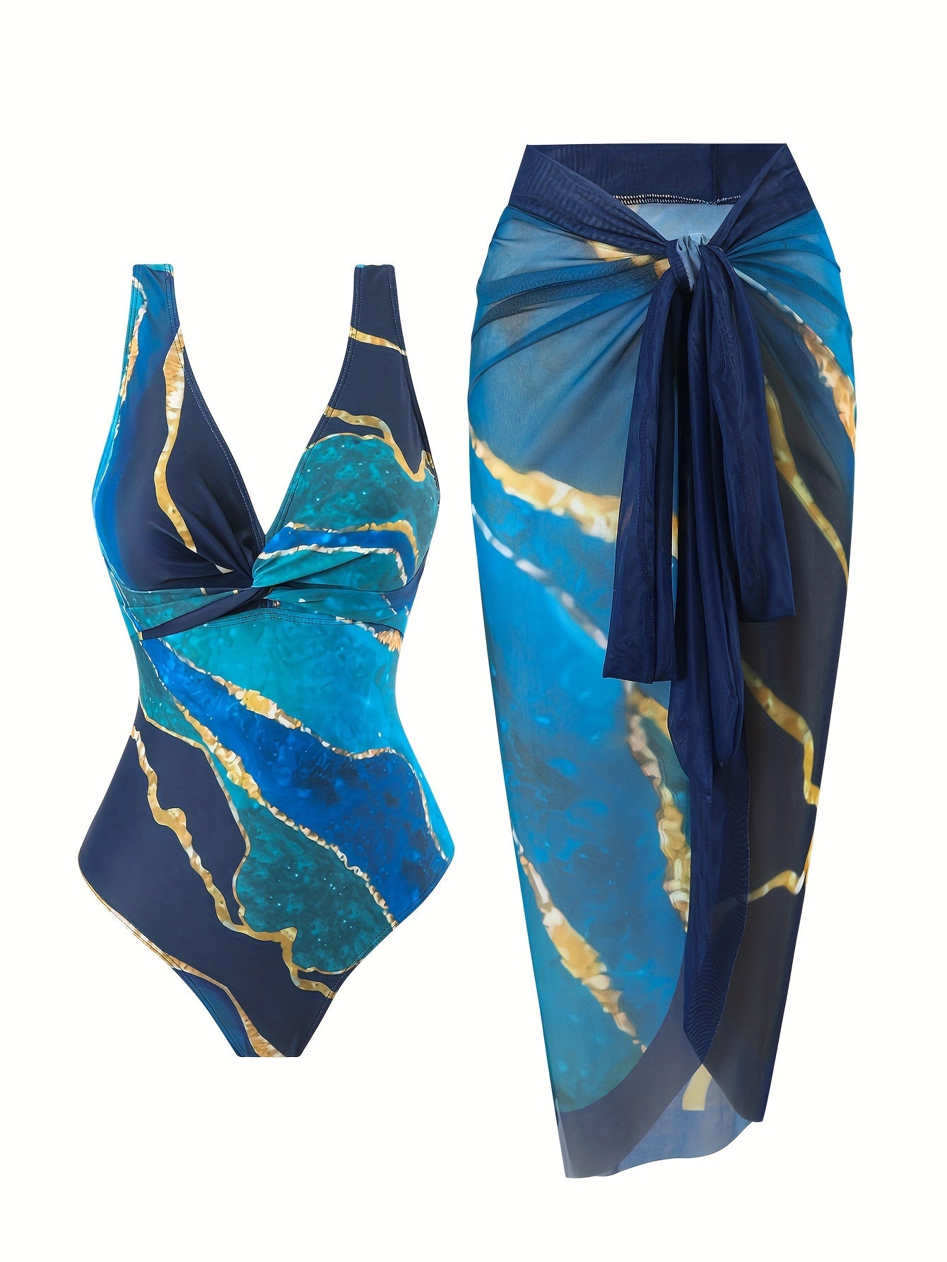 Elegant 2-piece Marble Print Swimsuit Set with V-Neck One-Piece and Cover Up Sarong Skirt for Women.