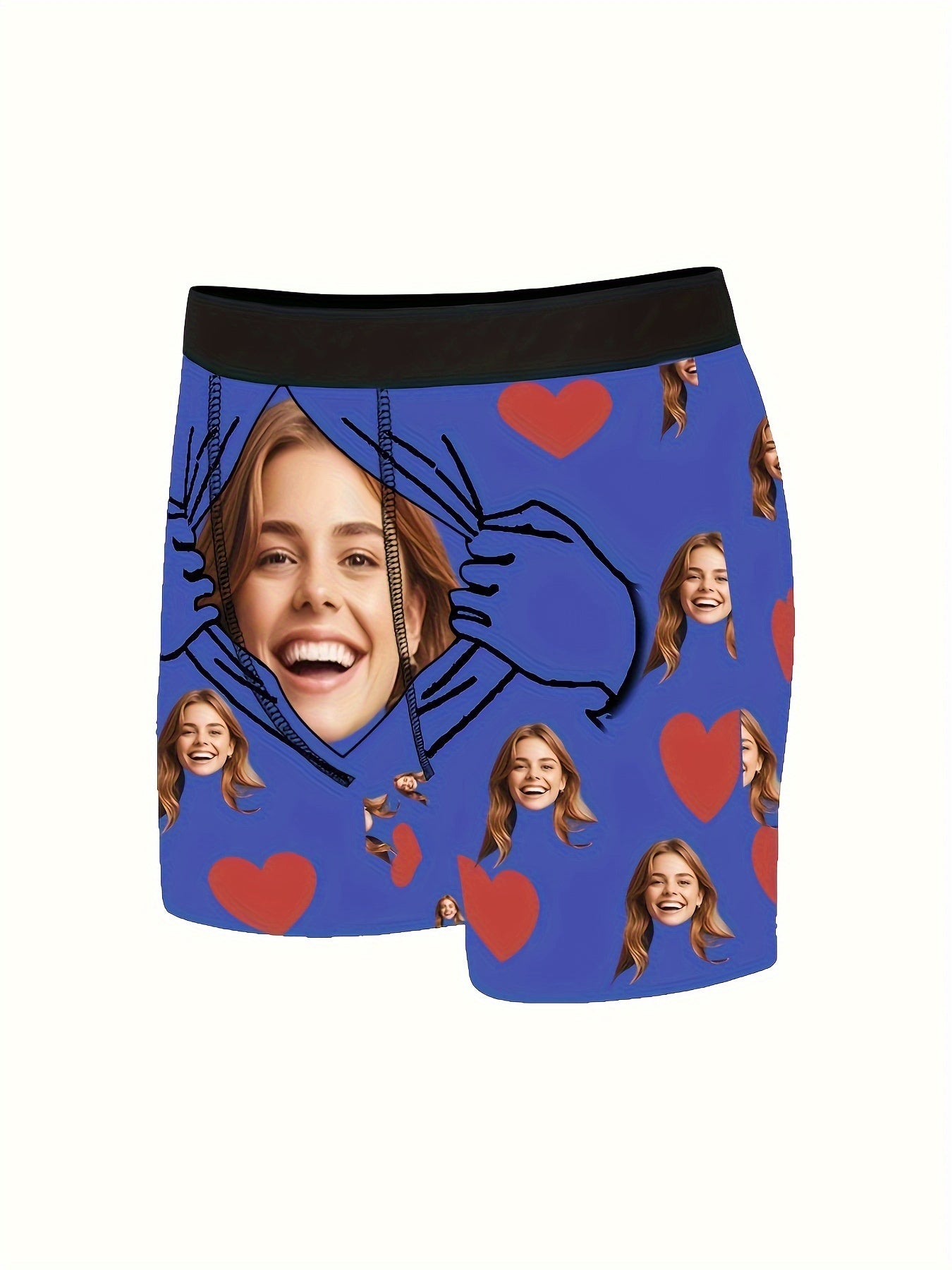 Custom shortie polyester boxers with medium stretch, portrait pattern design, and personalized photo, suitable for Dad, Husband, or Boyfriend. Funny and unique gift option.