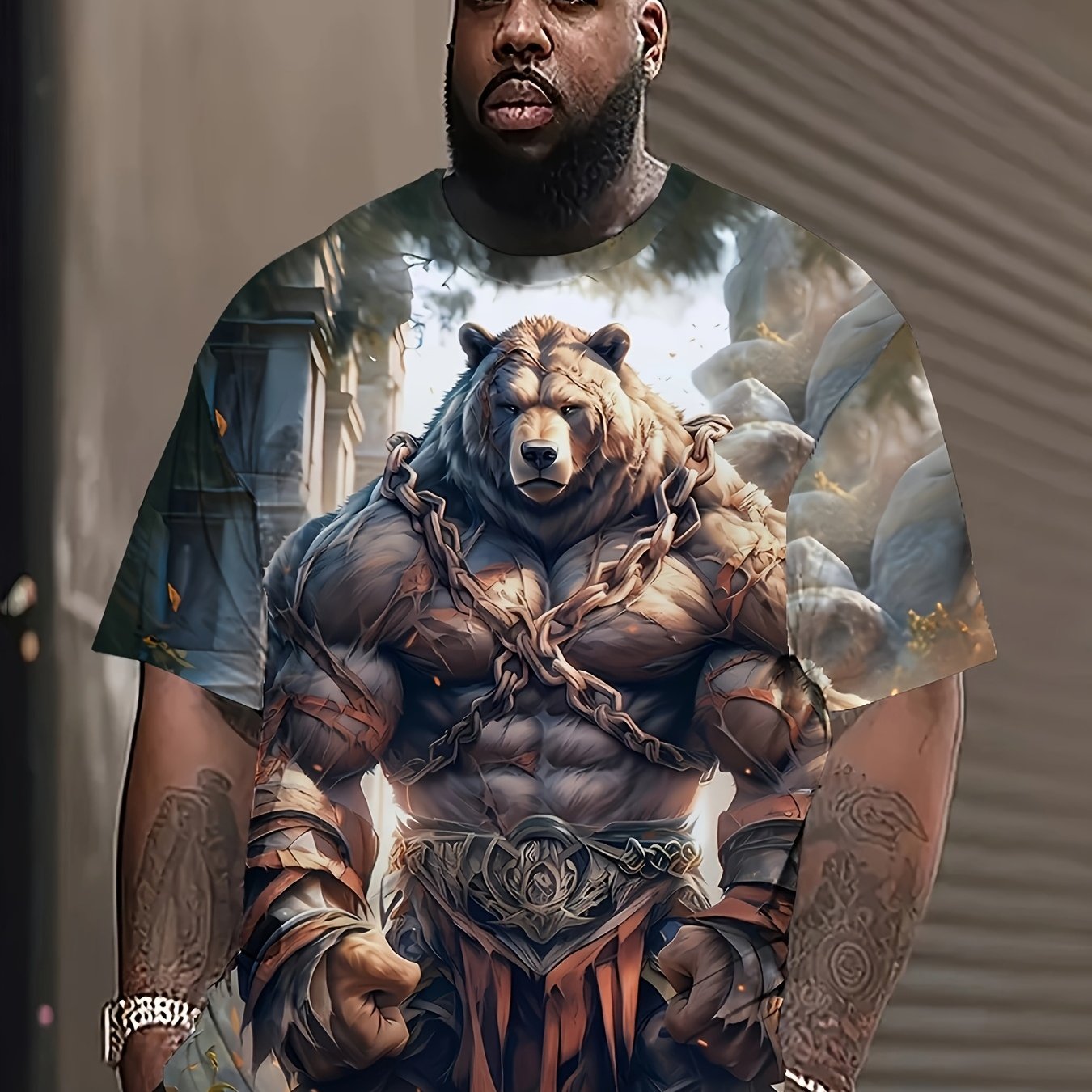 Plus size men's 3D muscle bear graphic t-shirt with bold fantasy design and comfortable polyester blend. Ideal for casual wear, parties, and outdoor adventures. Stylish round neck and