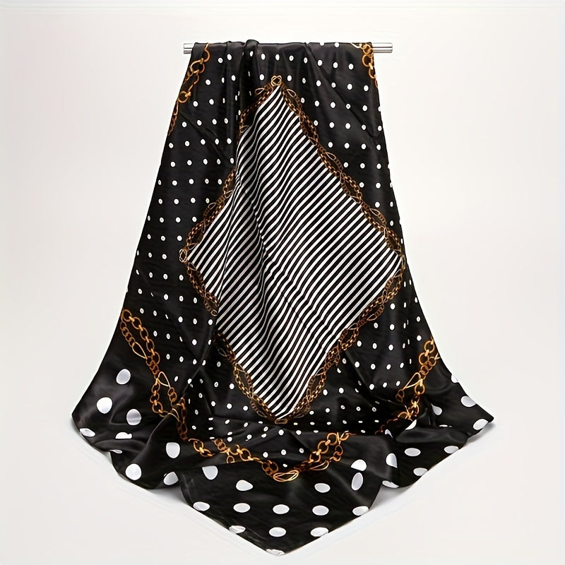 Lightweight silk faux scarf with fashion satin polka dot print, measures 88.9cm square.