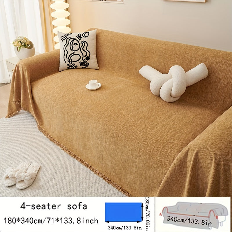 Contemporary chenille sofa throw, waterproof baby fleece cover, universal fit for all-season use. Features tassel embellishment and is machine washable. Made of 100% polyester, suitable for various furniture sizes in different rooms.