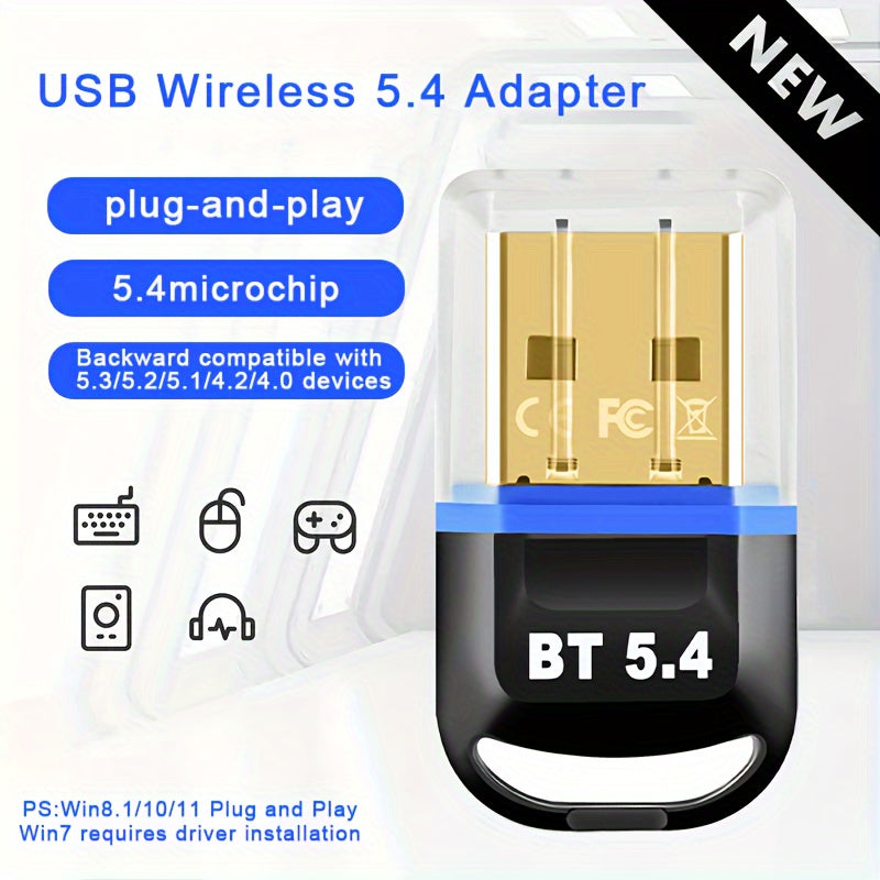 USB BT 5.4 wireless adapter for computers, headsets, keyboards, mice, and speakers. Plug and Play for Windows 11/10/8.1, backward compatible with previous versions. Instantly add Bluetooth