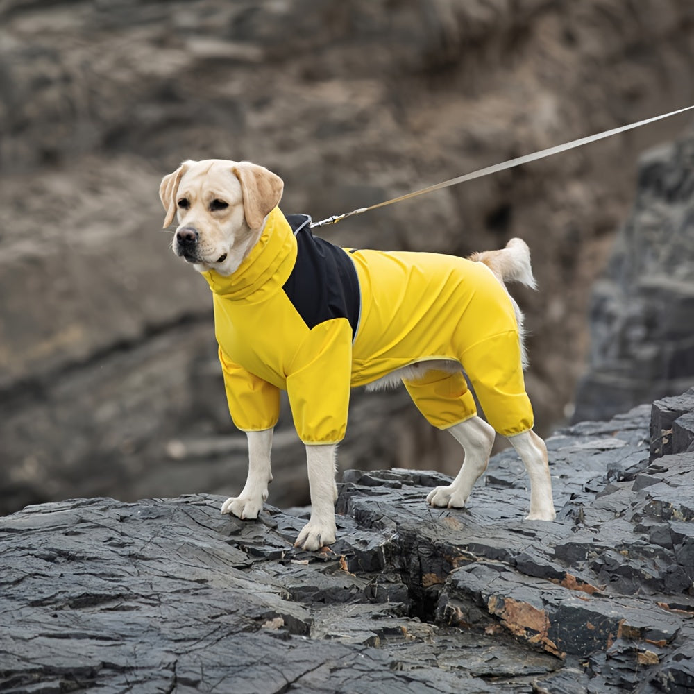 O'rta va katta zotli itlar uchun yorqin sariq yomg'ir ko'ylagi. Mustahkam polyesterdan tayyorlangan, fermuarli yopiq, Labradorlar, Oltin Retrieverlar, Shiba Inu va boshqalar uchun ideal.