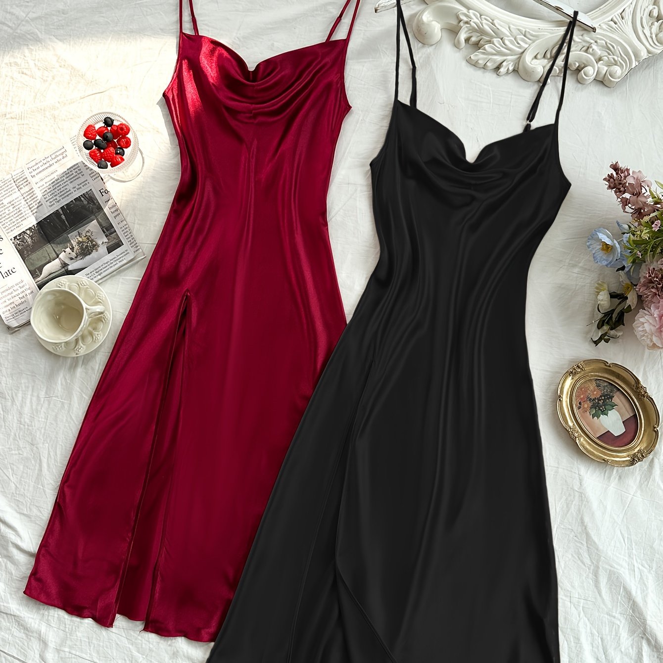 Woman's elegant satin turtleneck sleep dress with backless split, comfortable nightgown.