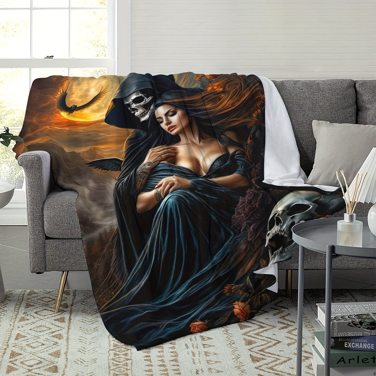 Stay cozy and stylish with our Glam Style Reversible Knitted Polyester Throw Blanket featuring a fantasy theme print. This all-season blanket showcases a Devil and Beauty embrace design accented with moonlight and roses embellishments. Made from soft