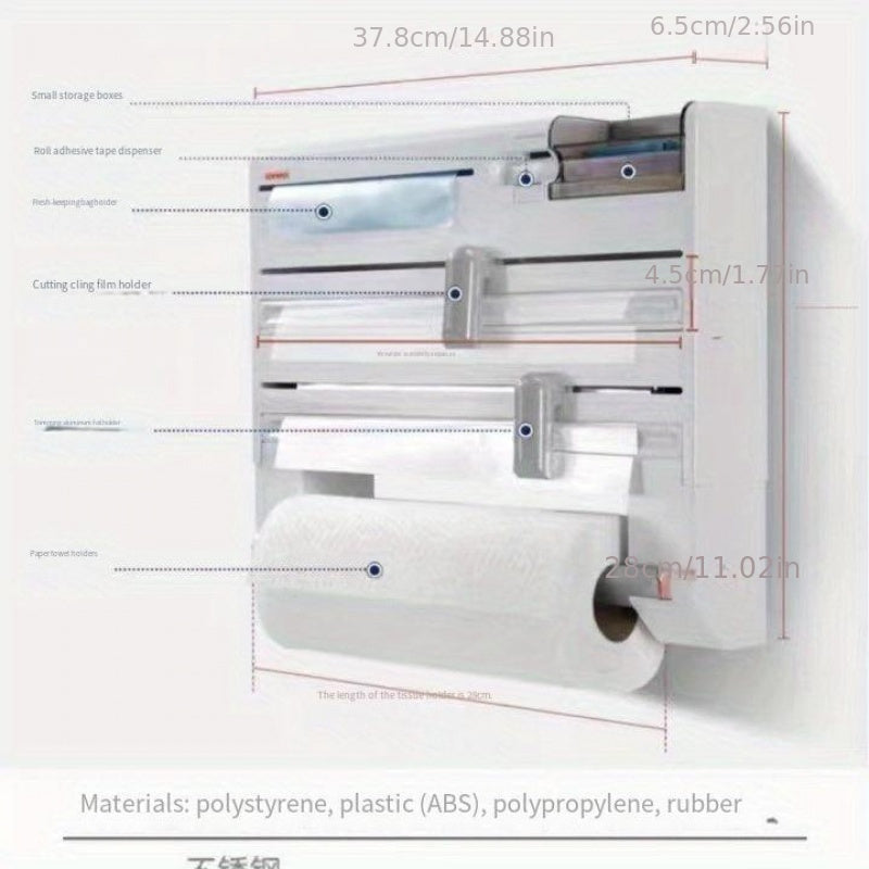 Efficient Kitchen Organizer with Plastic Wrap Dispenser and Cutter for Convenient Food Storage and Preparation - Perfect for Saving Space