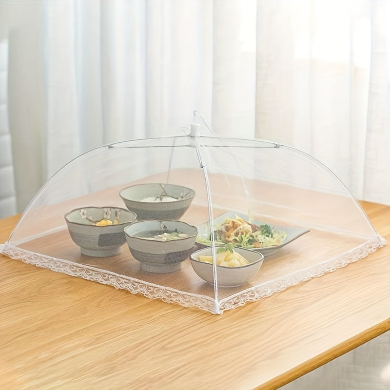 Stay protected from dust, flies, and mosquitoes with our convenient Foldable Umbrella-Shaped Food Tent Cover. Featuring a stylish lace design, this collapsible and portable anti-mosquito mesh cover is perfect for use at home, while camping, or in