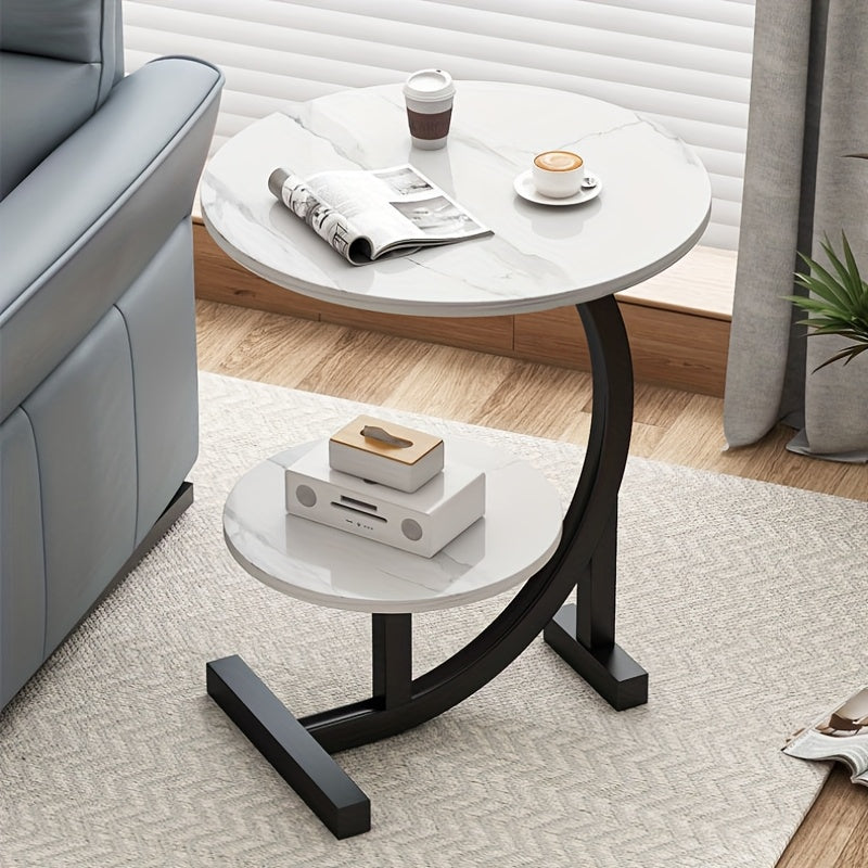 Trendy double-layer coffee table with metal legs and durable wood top, portable for various spaces, multi-functional.