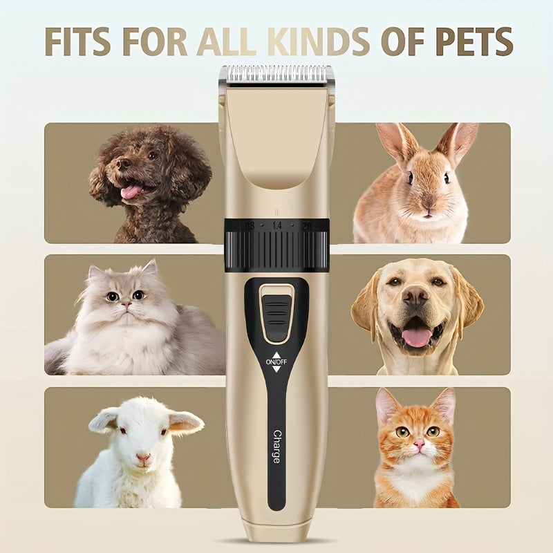 Rechargeable, quiet electric pet hair trimmer for thick coats with USB charging, cordless design and lithium battery. Includes 4 guide combs. Ideal for grooming dogs and cats.