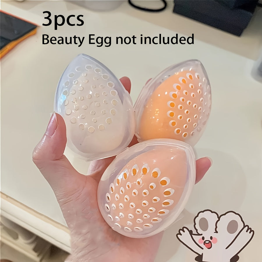 Makeup sponge holders for 3 pieces, portable and durable plastic egg-shaped organizer for beauty blenders.