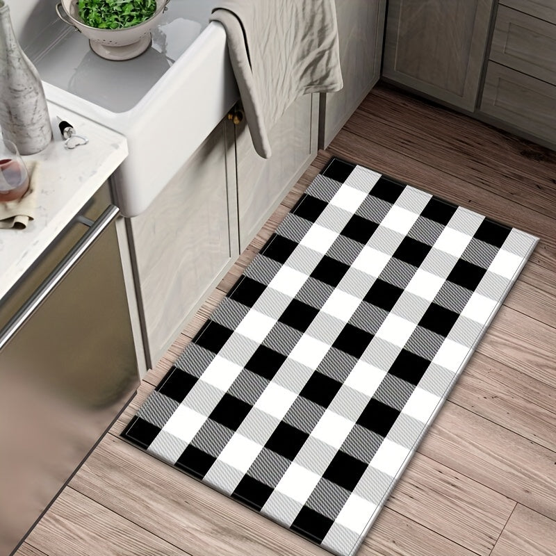 Square gradient black and white rugs, featuring a modern print design. These rugs are ideal for use as door mats, anti-slip mats, kitchen rugs, and can be placed in entrances, kitchens, and bathrooms. Available in 5 different sizes: 40x60cm, 50x80cm