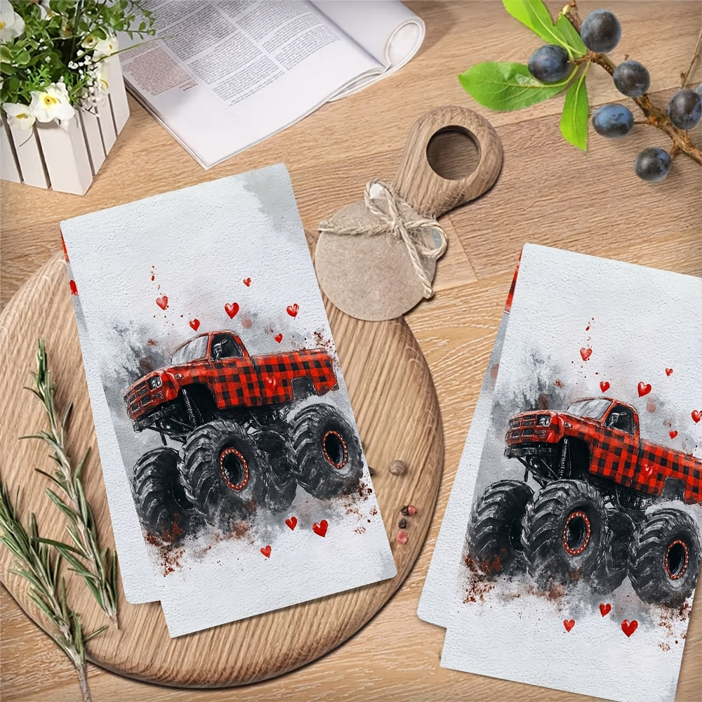 Get your hands on a pair of plush kitchen towels showcasing a Valentine's Day monster truck design in festive red plaid with adorable heart accents. These ultra-soft towels are great for drying dishes and hands, and make a charming addition to your