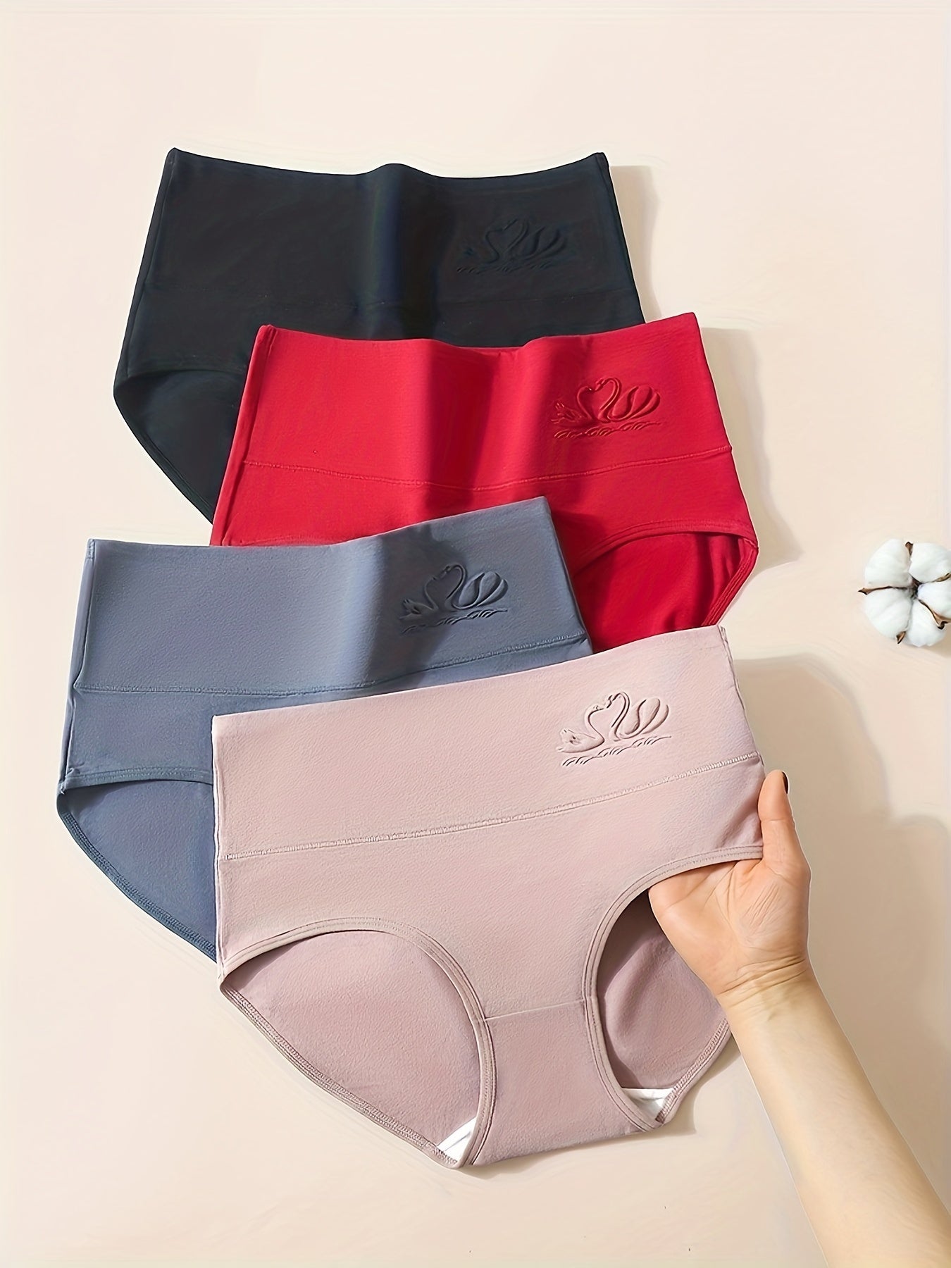 Simple solid high waist panties, breathable and comfy, women's lingerie and underwear, 4 pieces.