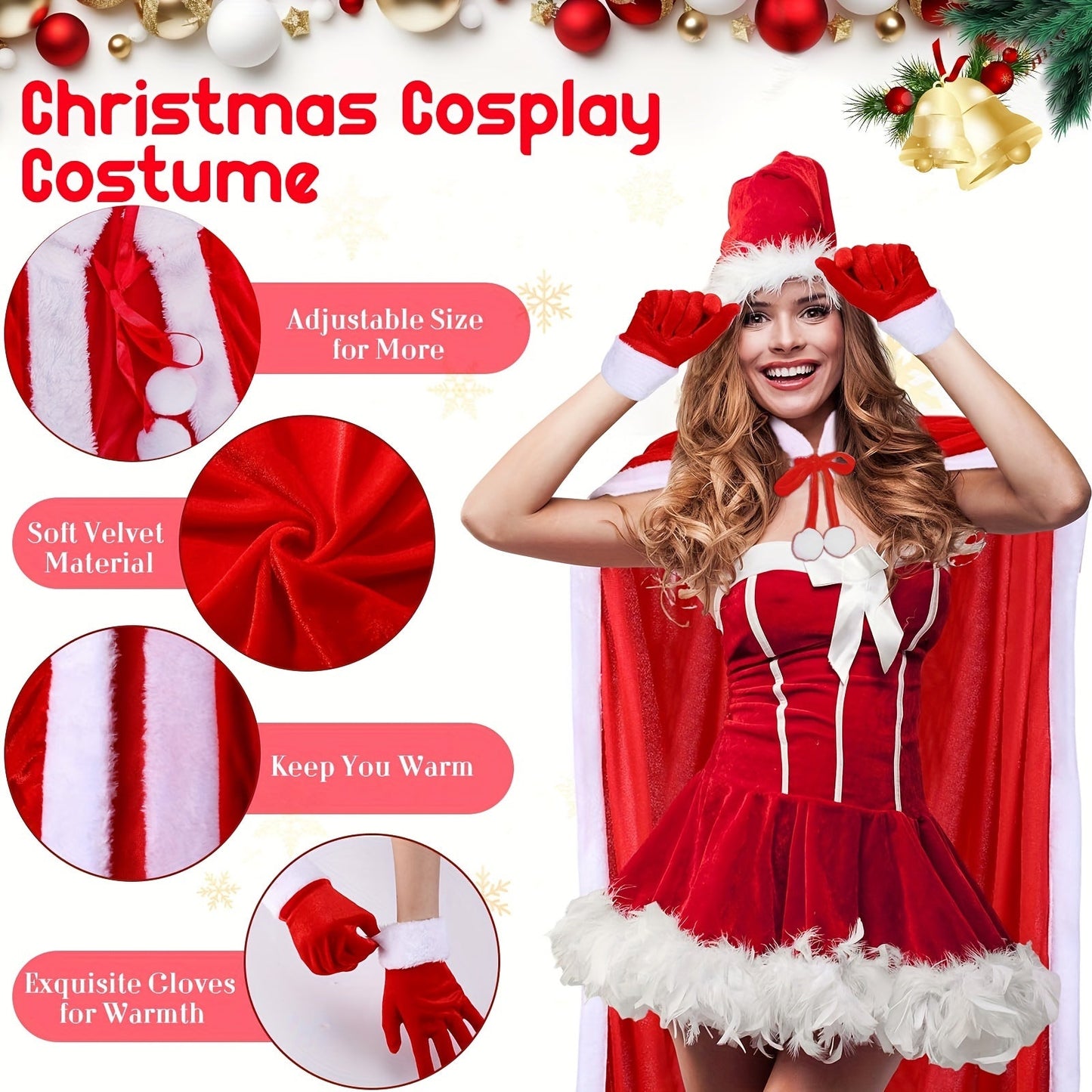 Get into the holiday spirit with our Christmas Santa Claus Costume Accessory Set! This set includes a comfortable velvet hooded cloak with white trim, a cute red velvet Santa hat, and cozy polyester & spandex gloves for ladies. Perfect for festive