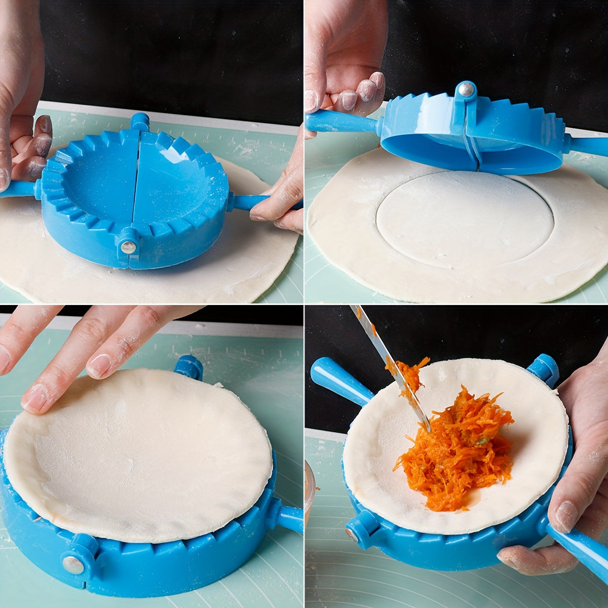 1 piece or 4 pieces of Dumpling Mold made of plastic. These manual Dumpling Makers also double as Dumpling Wrappers and Empanada Makers, making them versatile Kitchen Gadgets and Accessories.