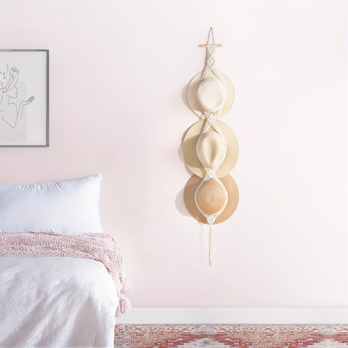 Bohemian style woven cotton rope hat storage rack with multi-layer hanging wall clips for storing hats and room decoration with tassels.