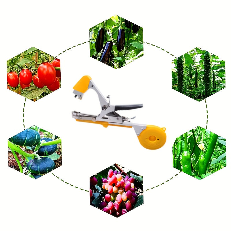 Yellow agricultural tool set includes a plant tying machine for vine, grape, cucumber, eggplant and vegetables. It is widely used, easy to use, time-saving and labor-saving, making it a