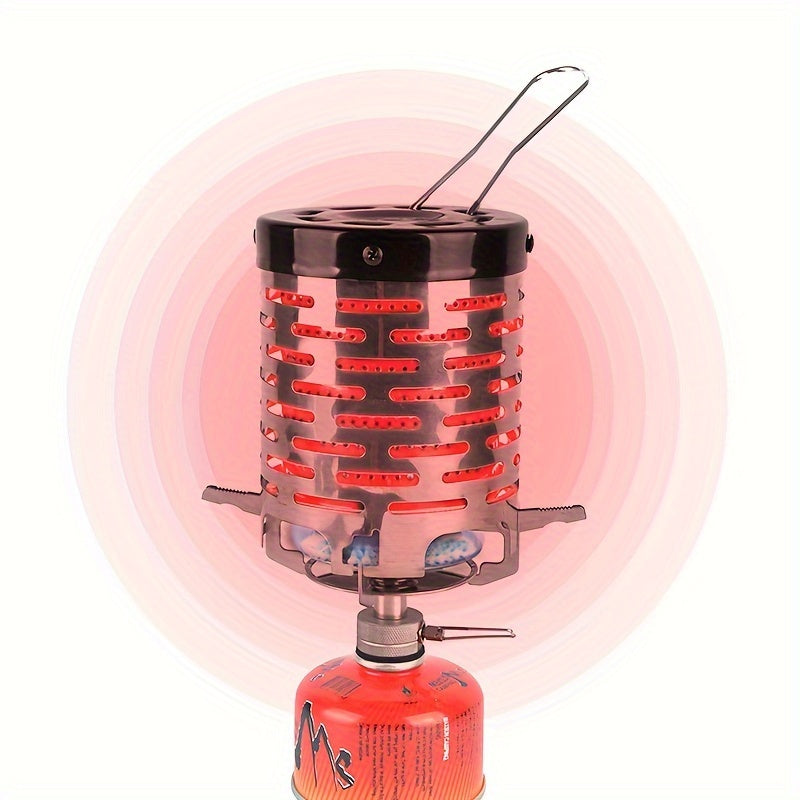 Compact stainless steel camping heater suitable for various stove heads, ideal for outdoor activities such as hiking and fishing.