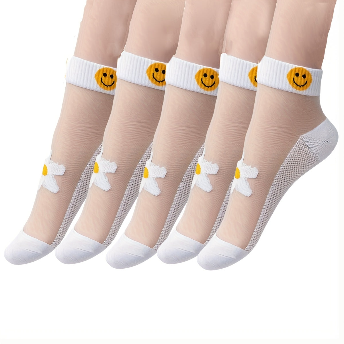 5 pairs of women's daisy pattern short socks, made of breathable glass fabric (70% cotton, 30% polyester, 10% elastane). Hand washable with a knit fabric of 150 gsm and an alphabet design.