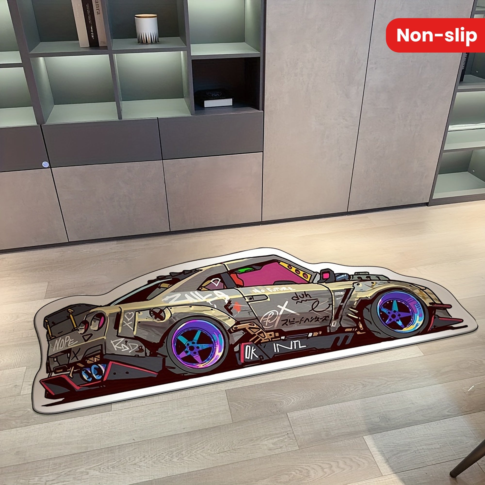 This irregular loop pile graffiti sports car shaped area rug is perfect for adding a fun touch to any room. Designed for indoor use, this non-slip washable carpet is ideal for bedrooms, living rooms, offices, and nursery rooms. The non-shedding mat is