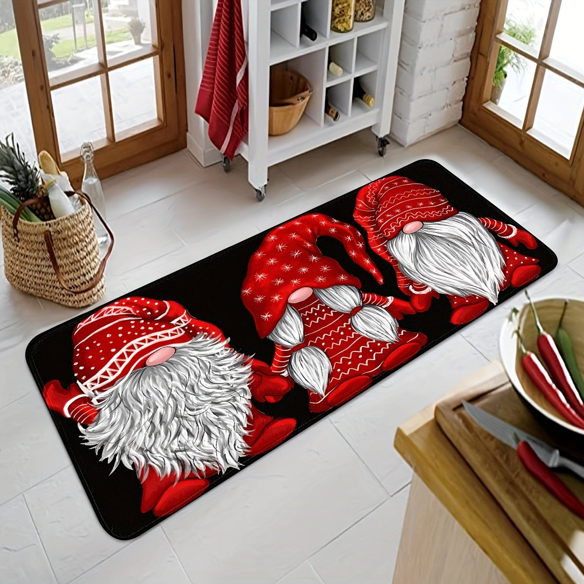 Get into the holiday spirit with this festive Christmas faceless gnome kitchen runner rug! This non-slip rug is stain resistant, waterproof, and perfect for adding a touch of Christmas cheer to your home. Whether you place it in your living room