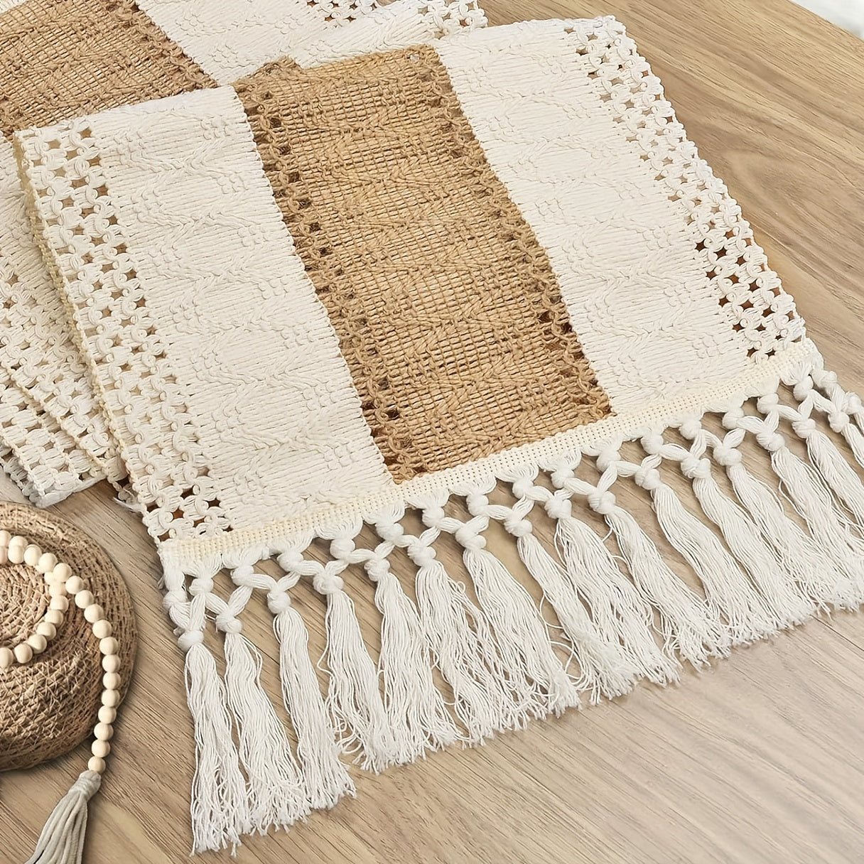 Bohemian chic linen table runner with tassels - perfect for weddings, dining, parties, and home decor.