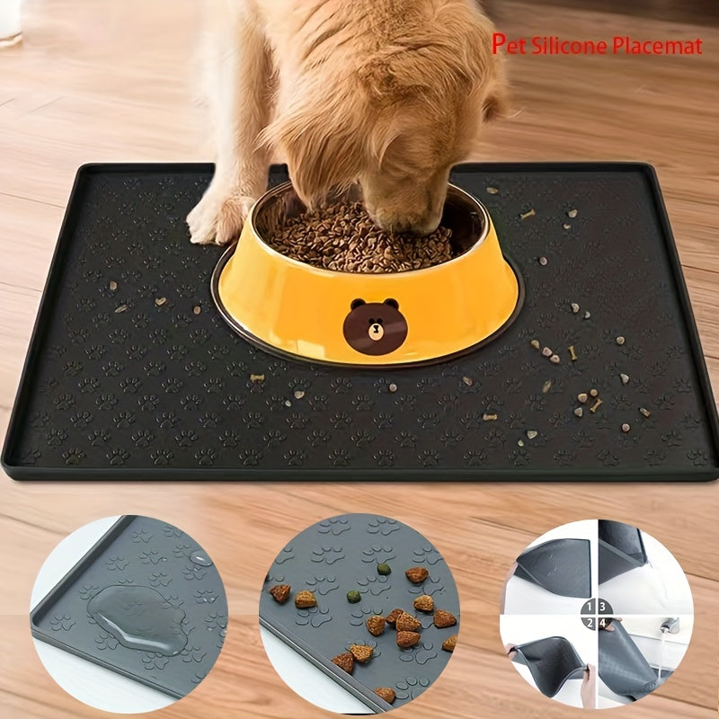 Silicone pet food mat with raised edge.