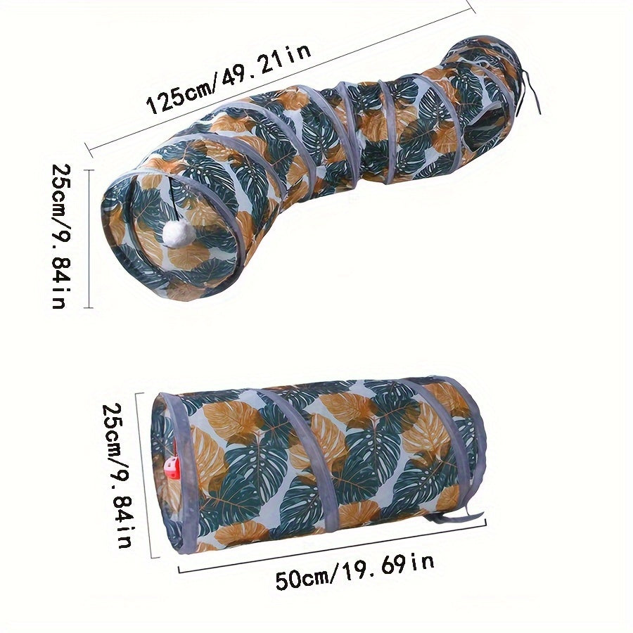 Collapsible cat tunnel with playful leaf print, foldable polyester pet toy for cats. Interactive and stimulating fun, easy to store and clean. Durable interactive cat toy.