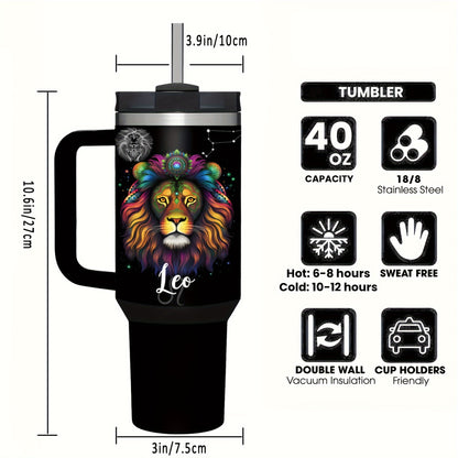 40oz Stainless Steel Zodiac Tumbler with Handle & Straw- Perfect gift for Birthdays, Christmas, and Valentine's Day- Leakproof, BPA-Free Astrology Coffee Mug for Men & Women