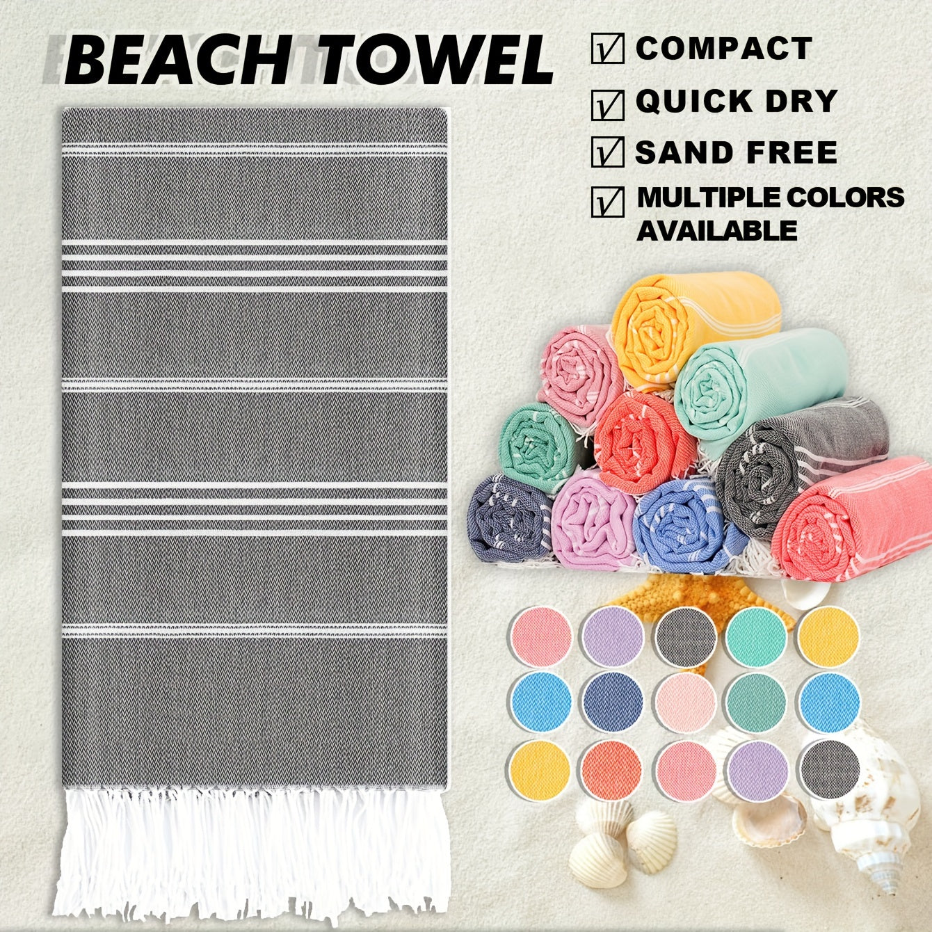 Turkish beach towel: quick-dry, sand-free, lightweight, oversized in striped patterns (yellow, white, blue, gray, pink) for pool, swim, travel. Ideal for camping, cruise, vacation, beach blanket.