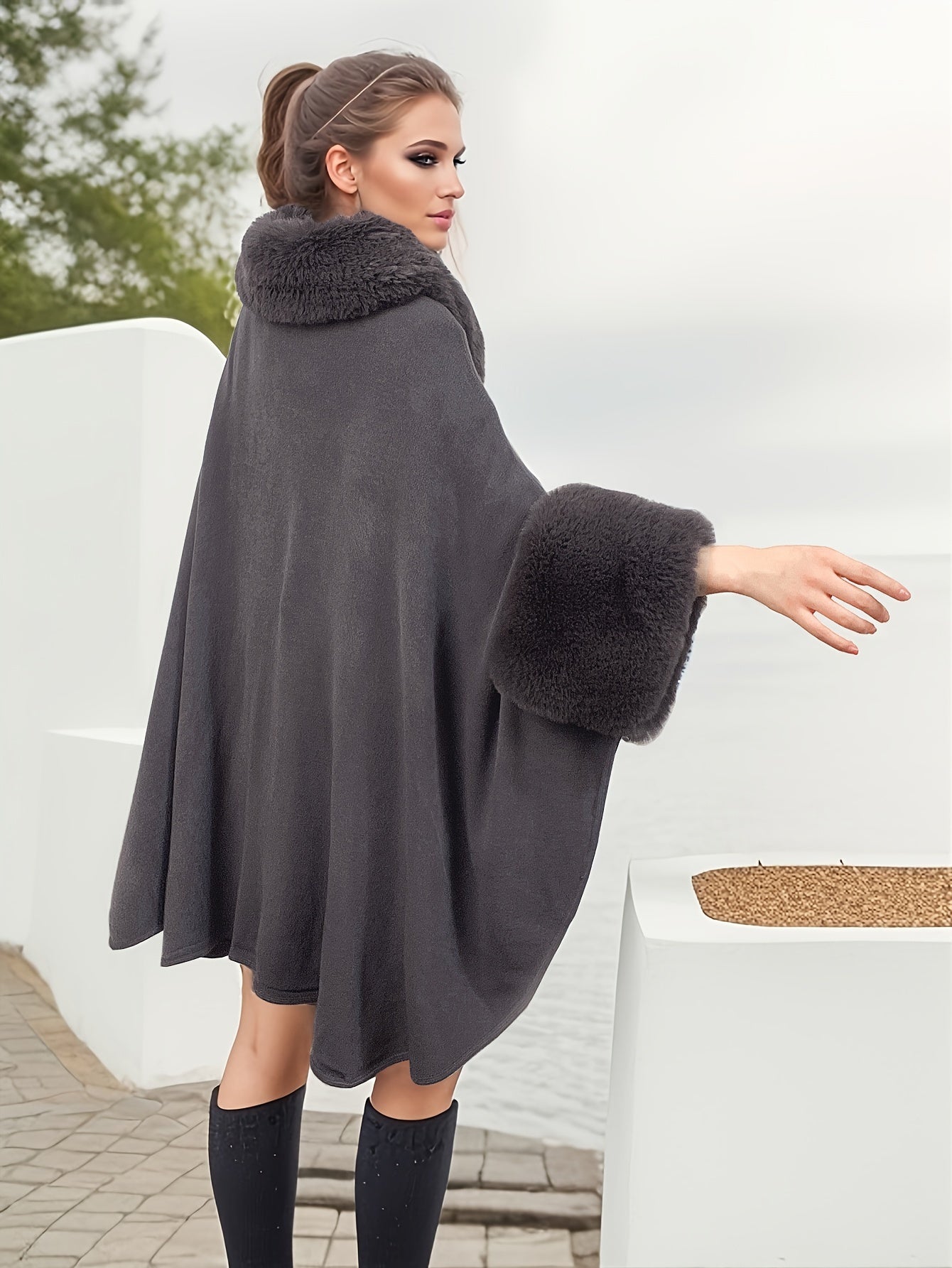 Women's Plus Size Fuzzy Trim Open Front Coat with Casual Collared Long Sleeve Cape Outerwear for Fall & Winter