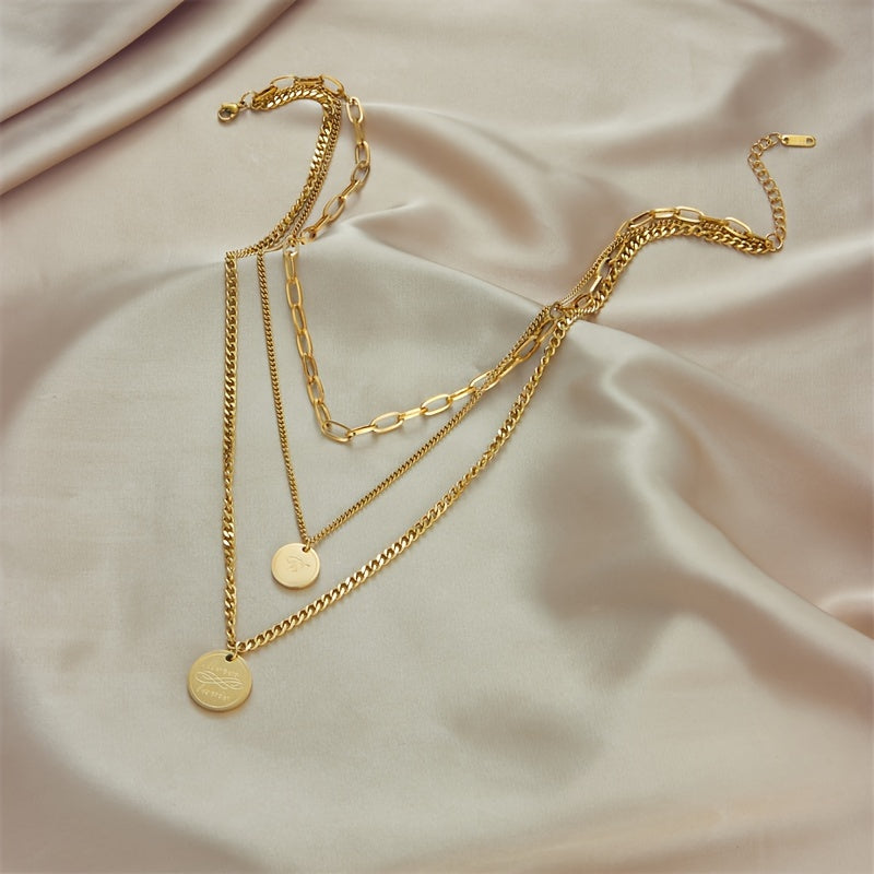 Elegant French-Inspired Three-Layer Necklace with Engraved Letter Pendants in 18k Gold Plated Stainless Steel, Featuring a Minimalist and Classic Style. Versatile Retro Design Perfect for Street Style, Daily Commute, Vacation, and Party Wear.