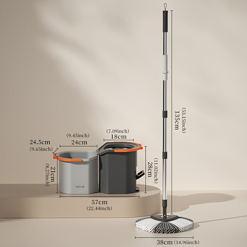 The EasyWring Microfiber Spin Mop and Bucket Set is perfect for cleaning your bedroom, bathroom, kitchen, and living room. It features a built-in cleaning solution compartment and operates manually without the need for electricity.