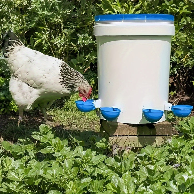 6 large blue automatic chicken water cups for ducks, geese, turkeys, and rabbits.