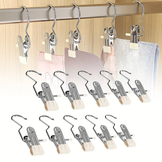 Set of 10 Stainless Steel Clothes Clips, Versatile Hangers for Pants, Boots, and Socks with Hooks, Convenient Wardrobe Organizer, Non-Slip Drying Clips for Home, Kitchen, and Travel