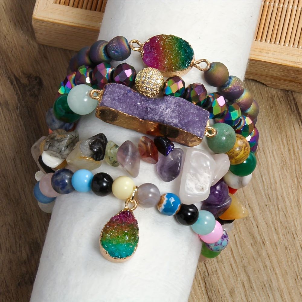 Set of 5 Bohemian Classic Beaded Bracelets featuring Natural Stone Druzy Gravel Glass, February Birthstone, Elastic Stackable design for Daily & Vacation Wear, accented with Synthetic Zirconia for a touch of elegance, perfect for all seasons.