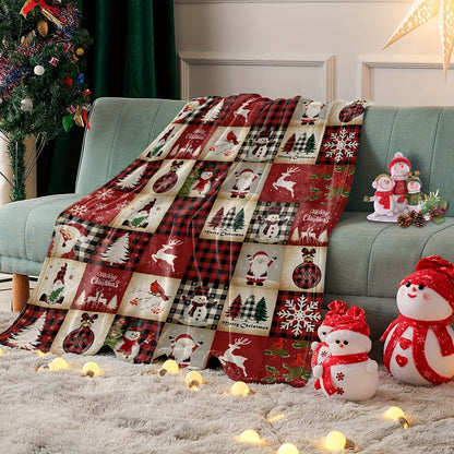 A festive Christmas cartoon-themed blanket that is perfect for cuddling up on the couch, sofa, or bed. Made of soft flannel material, this cozy throw blanket provides warmth and comfort for napping or camping. It is also great for using in the office or