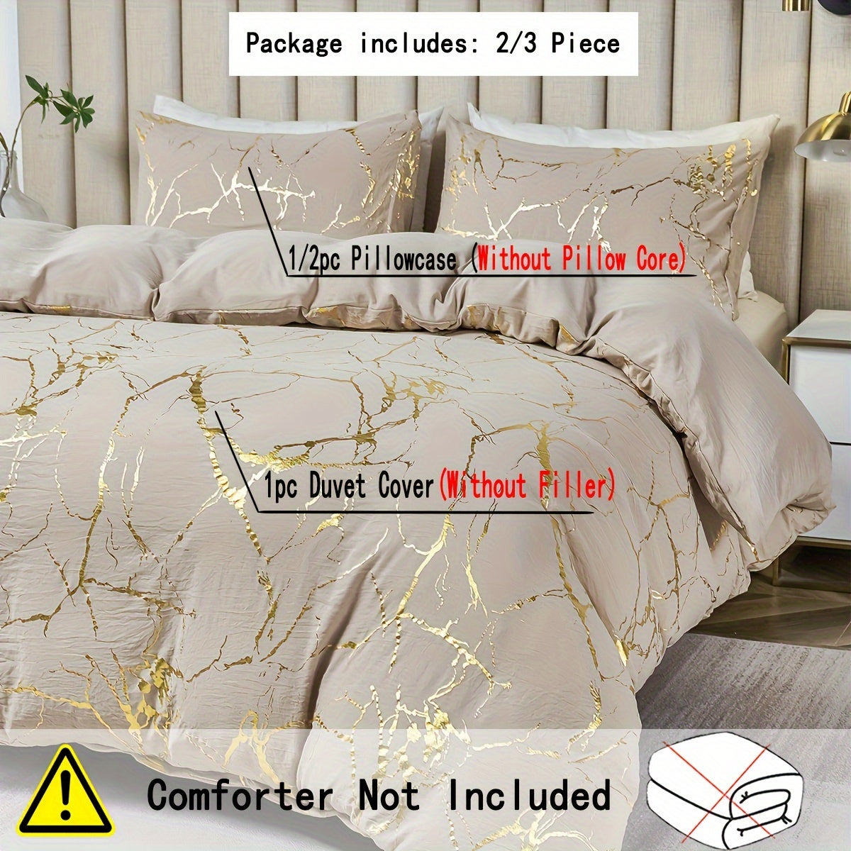 This American country style bedding set includes a duvet cover and 2 pillowcases featuring polyester marble with golden foil accents. It is available in Queen (228.6cm x 228.6cm) and King (259.08cm x 228.6cm) sizes.