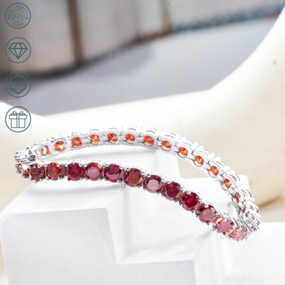 One piece of a luxurious and graceful Red Moissanite Tennis Bracelet, made of unisex 925 Sterling Silver. This fashion accessory is perfect for Valentine's Day, engagement, or wedding gifts.