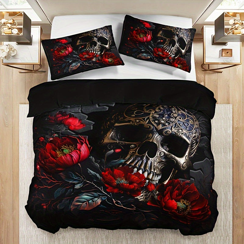 Gothic Skull Floral Duvet Cover Set - 3 Pieces (1 Duvet Cover + 2 Pillowcases, Pillow Inserts Not Included). Soft and Breathable HD Printed Bedding Set for Home and Dorm Decoration, Perfect for Halloween.