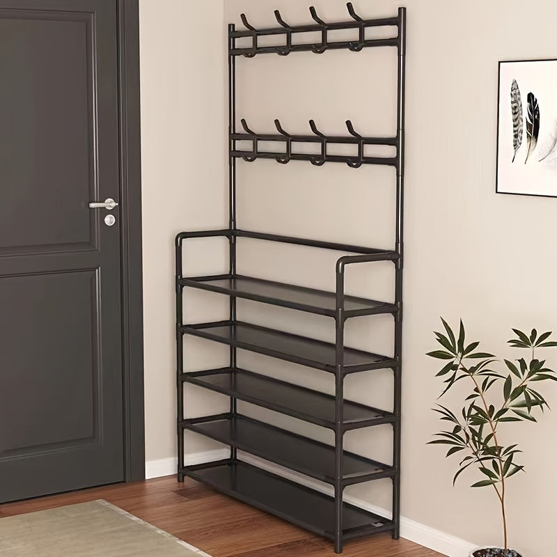 Multi-functional 4/5-Tier Entryway Organizer featuring a Shoe Rack and Hooks - Excellent for storing Keys, Coats, Hats, and Umbrellas - Great for use in Home, Office, or Dormitory Settings.