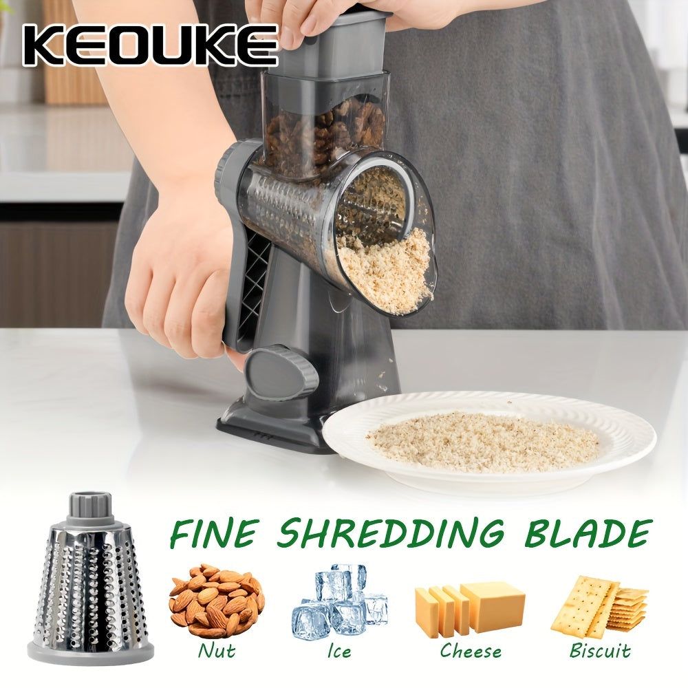 "KEOUKE Versatile Cheese Grater & Vegetable Slicer - Handheld with Stainless Steel Blades, Ideal for Potatoes & More - Sleek Transparent Design