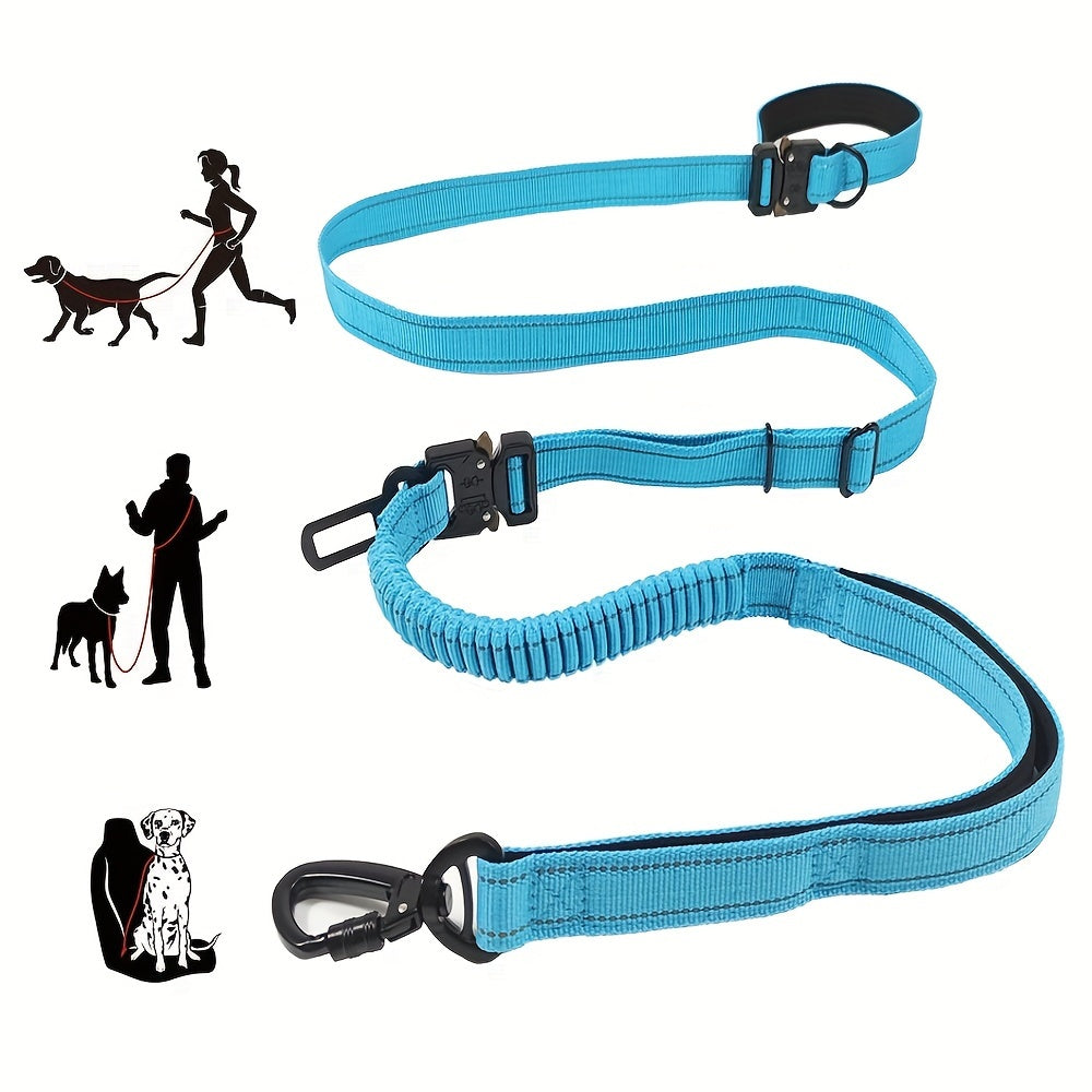 6-in-1 Hands-Free Dog Leash for Medium to Large Dogs - 3.05m, Striped Polyester, Full Metal Fittings, Safety Car Seat Belt, Shock Absorbing Bungee