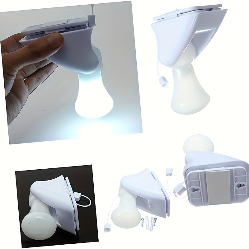 Small white LED night light; battery-powered with cordless design for bedside or cabinet; easy wall mount installation.