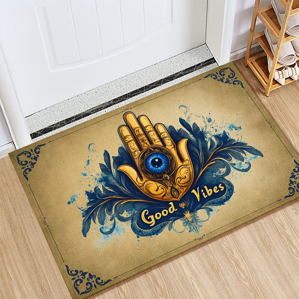 Add a touch of style to your home with this Evil Eye Welcome Doormat. Featuring a Good Vibes pattern, this decorative woven floor mat is non-slip, machine washable, and easy to clean. Made of polyester, this rug is perfect for both indoor and outdoor