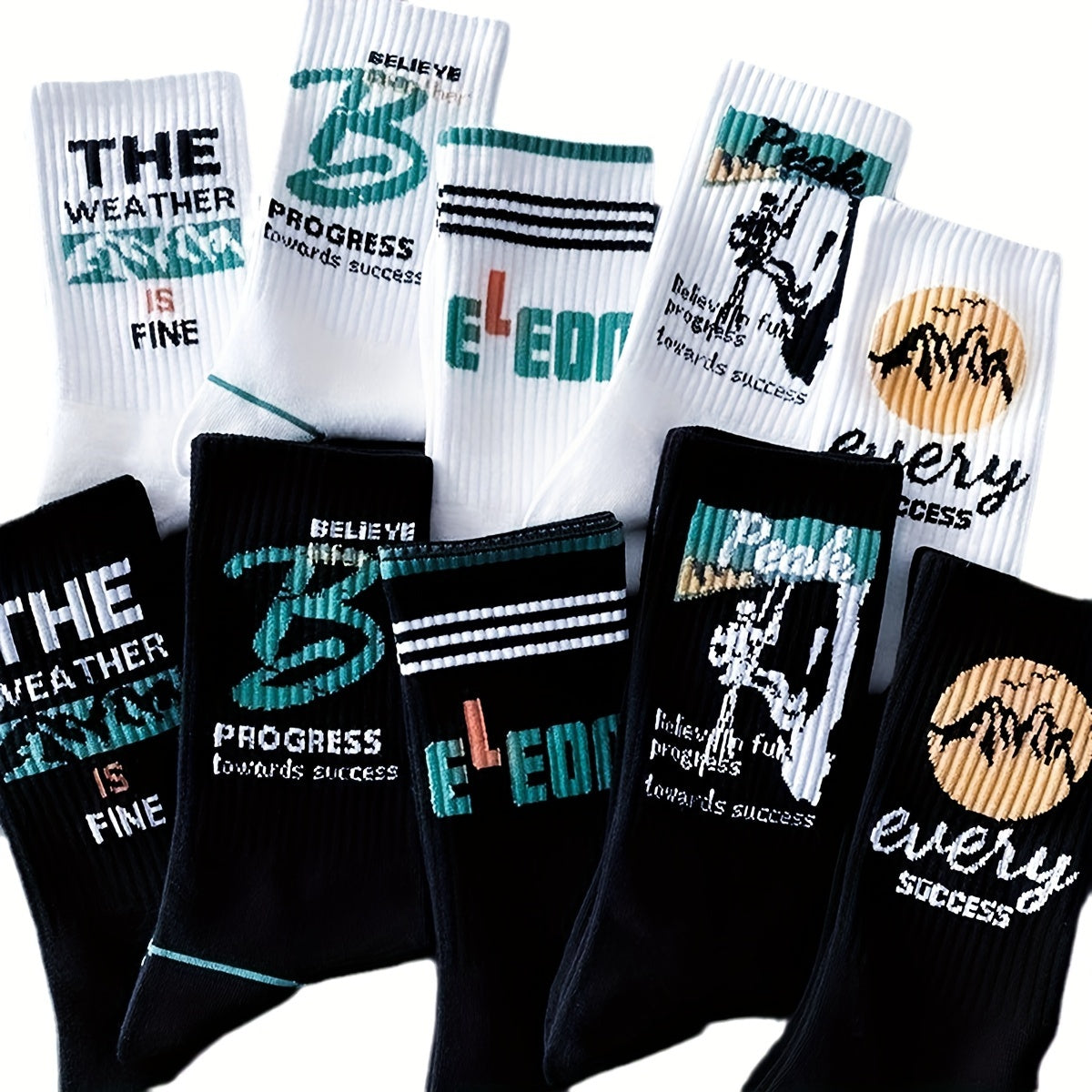 5/10 pairs of men's trendy crew socks with graffiti letter patterns, suitable for outdoor wear.